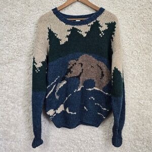 Vintage Woolrich Grizzly Bear Scenic Wool Sweater Mens Large Blue Green Forest